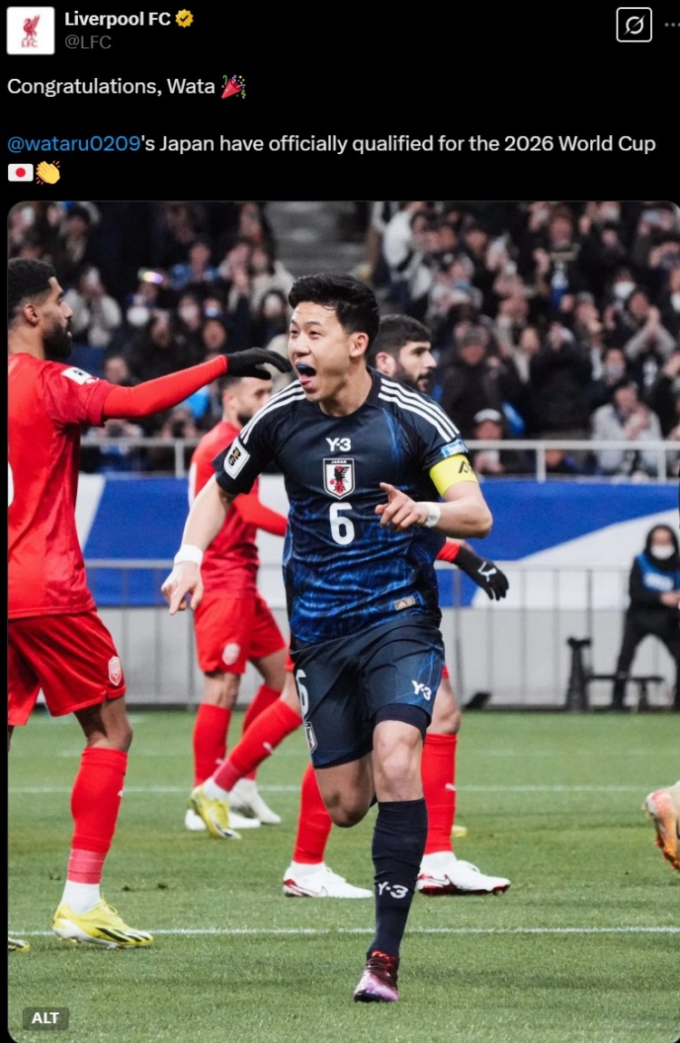 利物浦官推曬遠藤航照片，祝賀其隨日本隊提前晉級世界杯